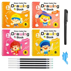 VGRASSP 4 Pcs Educational Magic Drawing Tracing Book Toy for Kids - Reusable Art & Crafts Practice Workbook with Pen and 5 Refills - Grooved Doodle Book - Color and Design As Per Stock