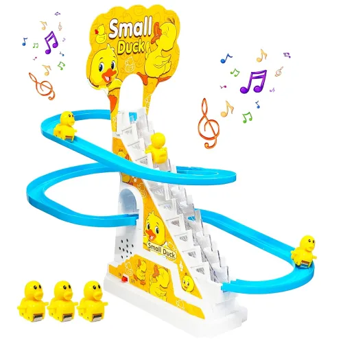 Image of VGRASSP Duck Slide Toy Set, Funny Automatic Duck Chasing Race Track Game Set, Climbing Duckling Lovely Toy Escalator wit