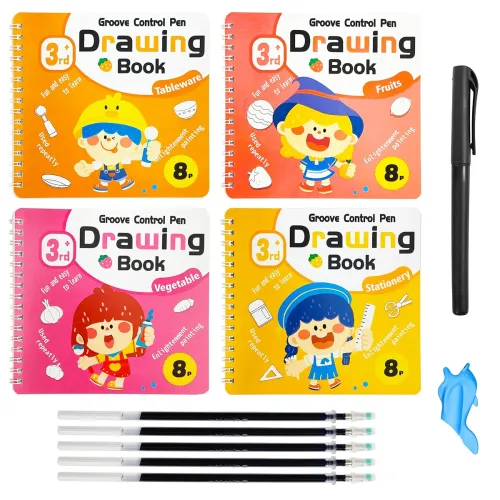 Image of VGRASSP 4 Pcs Educational Magic Drawing Tracing Book Toy for Kids - Reusable Art & Crafts Practice Workbook with Pen and