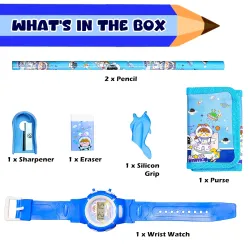 VGRASSP 7 Pcs Stationery Set Toy for Kids - School Supply Kit with Pencil, Eraser, Sharpener, Wrist Watch and Purse - Birthday Return Gift - Color and Design As Per Stock (Pack of 2)