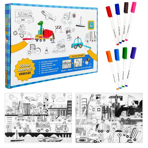 Image of VGRASSP Vehicle Themed Doodle Coloring Puzzle Mat for Kids - Educational Tabletop Activity for Mealtime with Drawing Acc