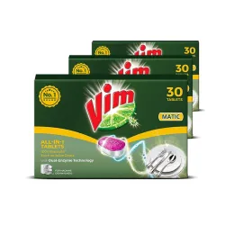 Vim Matic Dishwash All-In-One Tablets | Suitable For All Dishwashers | With Powerful Enzymes To Cut Through Grease And Tough Stains (Pack of 3)