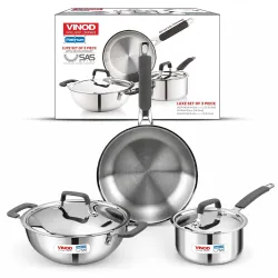 Vinod Luxury Edition Triply Stainless Steel Cookware Set 5 Pc | 24cm Kadai with Lid, 22cm Frypan, 16cm Saucepan with Lid | 2.5mm Thick | Induction & Gas Compatible | Cool Grip Handles | 100%...