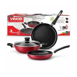 Vinod Supreme Plus Non Stick Cookware Set Combo of 3 Pc | Frypan 1.6 LTR, Kadai 2.5 LTR with Common Lid & 28 cm Dosa Taw