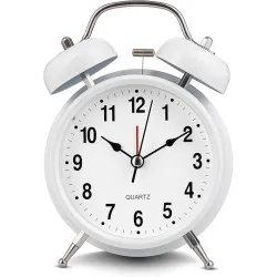 Vintage Twin Bell Alarm Clock with LED Light (White)