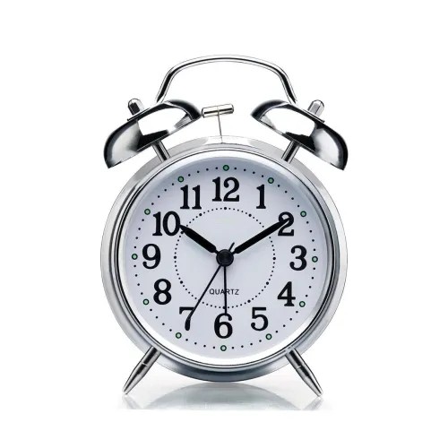Image of Vintage Twin Bell Table Top Alarm Clock with Night LED Light Analog Display Extra Loud Alarm Sound Steel Clock for Wake-