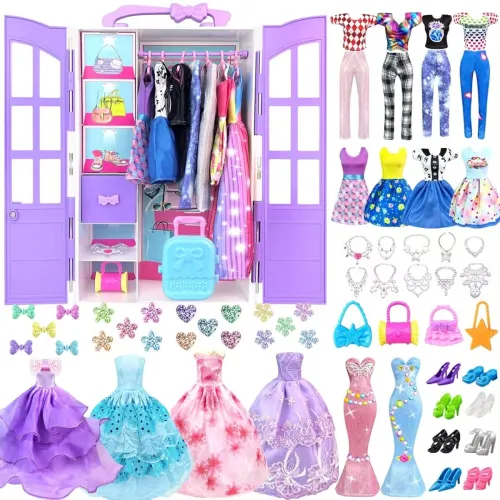 Image of VLUSSO 92Pcs Clothes and Accessories With Closet for 11.5 Inch Doll Fashion Design Kit - Dress Up Including Outfits, Top
