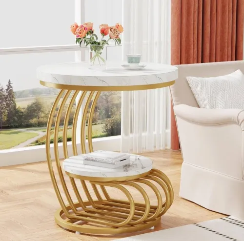 Image of Vuhome Round coffee table,nesting table with marble design for living room Engineered Wood Coffee Table  (Finish Color -