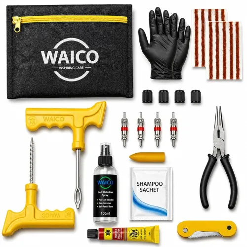 Image of WAICO 13 in 1 Tubeless Tyre Puncture Kit | Reamer, Probe,10-Rubber Strips, Gloves, Plier, Knife, Sloution, Chalk, Spray 
