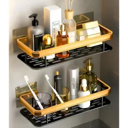 Wall Mounted Bathroom Shelf with Guardrail and Drain Base, Adhesive Wall Storage Rack, Metal Gold and Black Finish, 30 cm (Pack of 2)