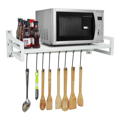 Image of Wall Mount Metal Microwave Oven Rack/Shelf for Home & Kitchen Appliances with 3 Hooks/Wall Shelf Stand Organizer/Hanging