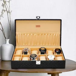 LEDO Mens and Womens Watch Box Holder Organizer Case In 12 Slots of watches In PU Leather with Royal Black color