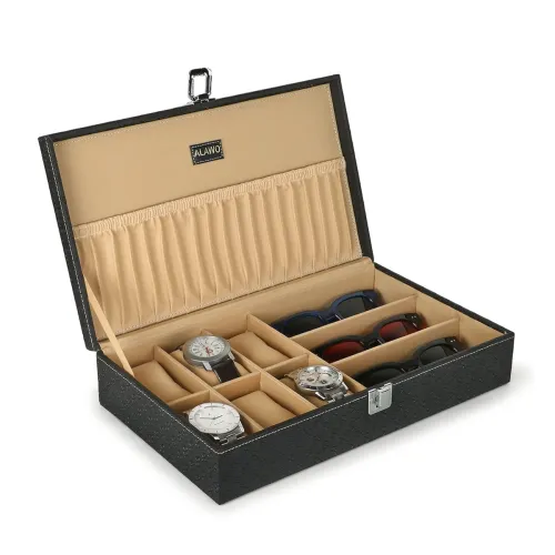 Image of Watch Box Organizer and Sunglasses Case Holder with 6 Slots for Watches and 3 Slots for Sunglasses Black in color