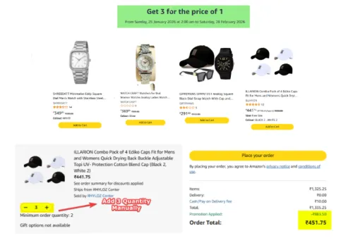 Image of Watch Sunglass & Cap Loot ( Buy 1 Get 2 Free ) 