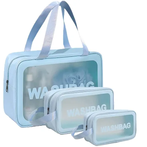 Image of Waterproof 3-Piece Blue Makeup Travel Pouch