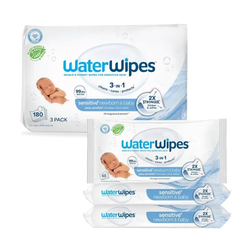 Image of WaterWipes (Made in Ireland) Baby wipes, 3 pack (180 wipes), For sensitive skin, World's Purest Wipes (Imported), Just 2