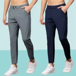 We Perfect Pack of 2 Men Slim Fit Grey, Blue Lycra Blend Trousers