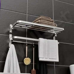 Well Set Stainless Steel Foldable Towel Rack for Bathroom | Dual Layer Wall Mounted Shelf with Towel Bar & 5 Hooks | Hea