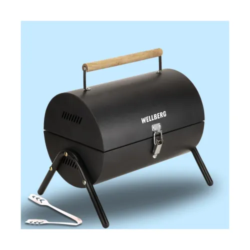 Image of Wellberg Barrel Charcoal Barbeque Grill | Portable Outdoor BBQ Tandoor with Skewers, Heavy Duty Iron Body for Home & Gar