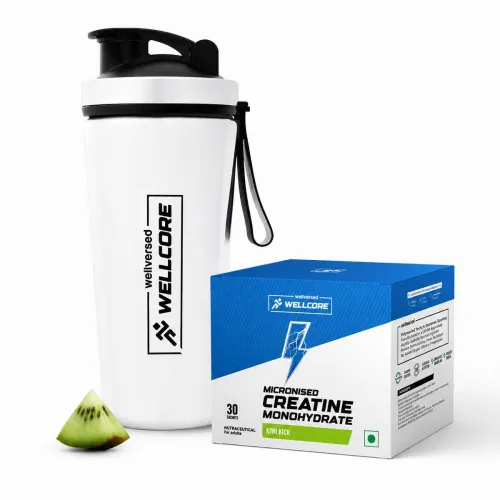 Image of Wellcore Micronized Creatine Monohydrate Sachets (Pack of 30) + Steel Shaker (700ml) | Creatine (30 No, Kiwi Kick)