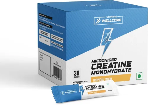 Image of Wellcore Pure Micronised Creatine Monohydrate |Lab Tested, Enhanced Absorption|30 Sachets Creatine (111 g, Tropical Tang