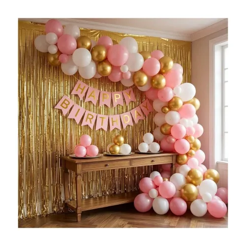 Image of W&F Pink, Gold, White Birthday Balloons, Banner, Curtain & Ribbons Set of 52pcs for Girls & Women