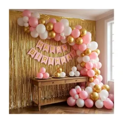 W&F Pink, Gold, White Birthday Balloons, Banner, Curtain & Ribbons Set of 52pcs for Girls & Women