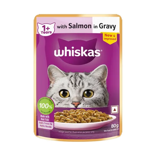 Image of Whiskas Adult (1+ Years) Wet Cat Food, Salmon in Gravy, 80 g Hydrating Food Made With Real Fish, 100% Complete & Balance