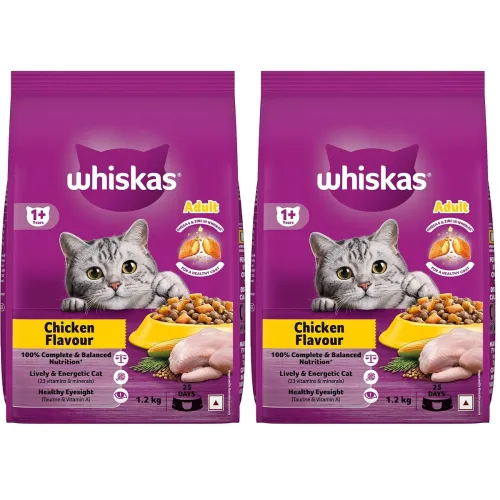 Image of Whiskas Adult (1+ Years) Dry Cat Food, Chicken Flavour, 1.2 kg, Contains 41 Essential Nutrients, Complete & Balanced Nut