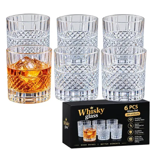 Image of Whisky Glass Set of 6, Diamond Cut Pattern, 300 ml Each