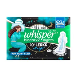Whisper Bindazzz Nights 30 XXL+ Sanitary Pads, Upto 0% Leaks All Night Long, For Very Heavy Flow, Nearly 60% Longer with