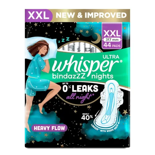 Image of Whisper Bindazzz Nights 44 XXL Sanitary Pads, Upto 0% Leaks All Night Long, For Heavy Flow, Nearly 40% Longer with Wider