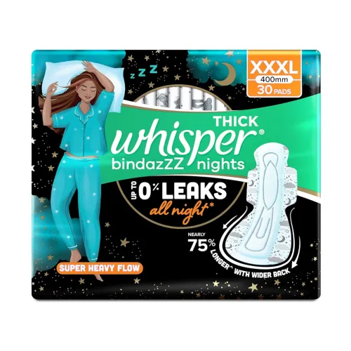 Image of Whisper Bindazzz Nights XXXL Sanitary Pads – 30 Pads, Heavy Flow, Long Leak Protection