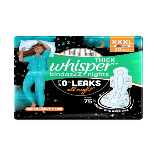 Image of Whisper Bindazzz Nights Sanitary Pads with 0% Leaks All Night Long - 30 XXXL Pads
