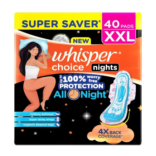 Image of Whisper Choice Nights, 40 XXL Pads, Gives Up to 100% worry-free protection all night** with 4x back coverage^