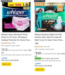 Whisper Pads & Period Panties Upto 50% Discount