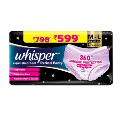 Whisper Super Absorbent Period Panty, 12 M-L Pants, 360 Degree Leakage Protection* for Heavy Flow, Panty like Fit, Full 