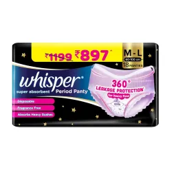 Whisper Super Absorbent Period Panty, 18 M-L Pants, 360 Degree Leakage Protection* for Heavy Flow, Panty like Fit, Full 