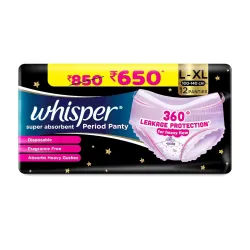 Whisper Super Absorbent Period Panty, 12 L-XL Pants, 360 Degree Leakage Protection* for Heavy Flow, Panty like Fit, Full