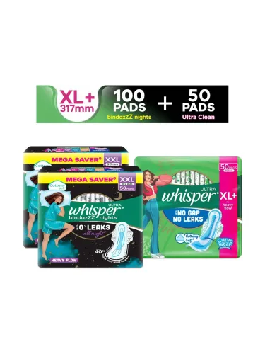 Image of Whisper Sanitary Pads Combo - Bindazz Nights XXL 100 Pads & Ultra Clean XL+ 50