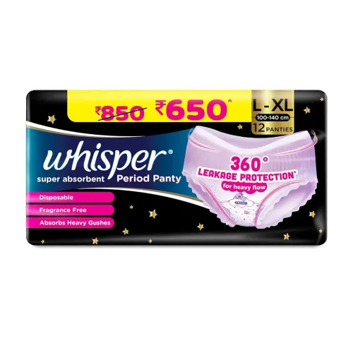 Image of Whisper Super Absorbent Period Panty, 12 L-XL Pants, 360 Degree Leakage Protection* for Heavy Flow, Panty like Fit, Full