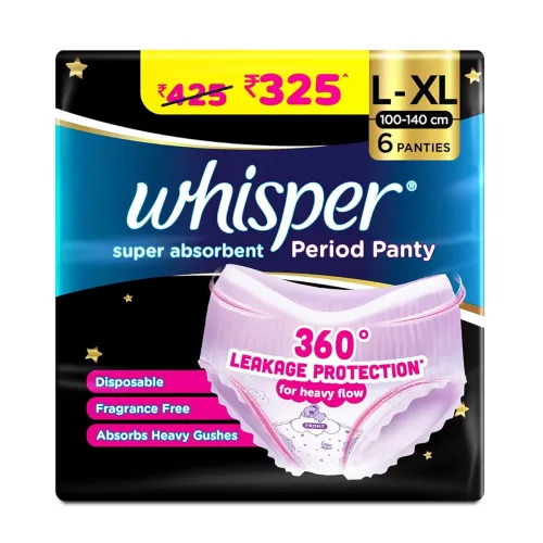 Image of Whisper Super Absorbent Period Panty, 6 L-XL Pants, 360 Degree Leakage Protection* for Heavy Flow, Panty like Fit, Full 