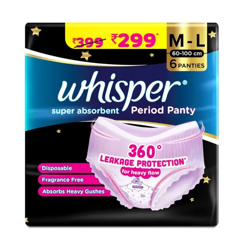 Image of Whisper Super Absorbent Period Panty, 6 M-L Pants, 360 Degree Leakage Protection* for Heavy Flow, Panty like Fit, Full b