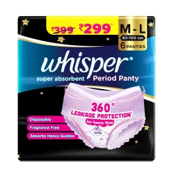 Whisper Super Absorbent Period Panty, 6 M-L Pants, 360 Degree Leakage Protection* for Heavy Flow, Panty like Fit, Full b