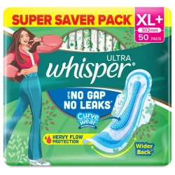 Whisper Ultra Upto No Gap No Leaks* Sanitary Pads, 50 XL+ Pads, For Heavy Flow Protection, With CURVEWEAR Technology, Co