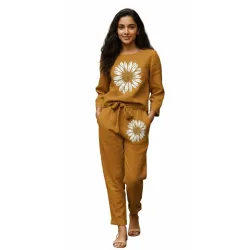 Girls Sunflower Print Flax Cotton Co-ord Set 2-Piece Outfit