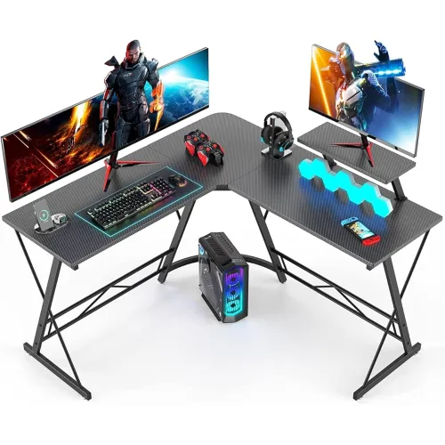 Image of White Mulberry L-Shape Corner Desk – DIY, Monitor Shelf, Carbon Fibre