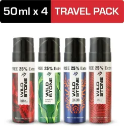 Wild Stone Forest Spice, Legend, Ultra Sensual & Red Travel Pack (50ml each) Deodorant Spray - For Men (200 ml, Pack o