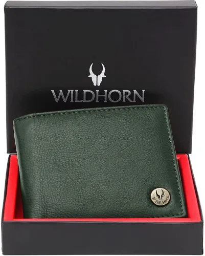 Image of WILDHORN Men Casual Green Genuine Leather RFID Wallet - Mini (5 Card Slots)