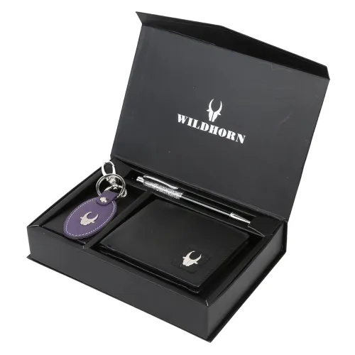 Image of Wildhorn Men Black Wallet, Key Ring & Pen (Rakhi Gift)